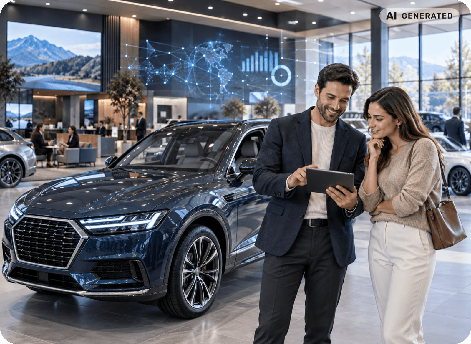Dealership advisor reviewing an AI-powered purchase analysis with a customer